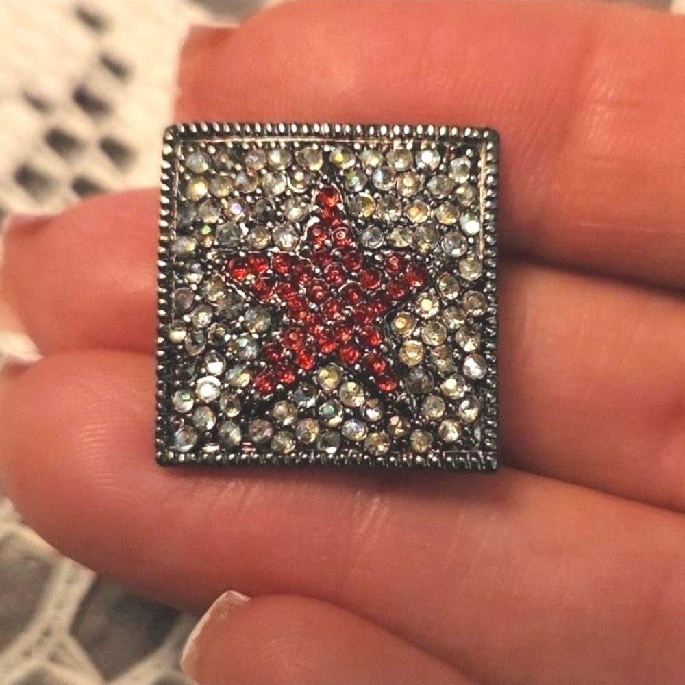 Carolee Crystal & Enamel Flag and Robert Rose Crystal Star Pins - Picture 5 of 6